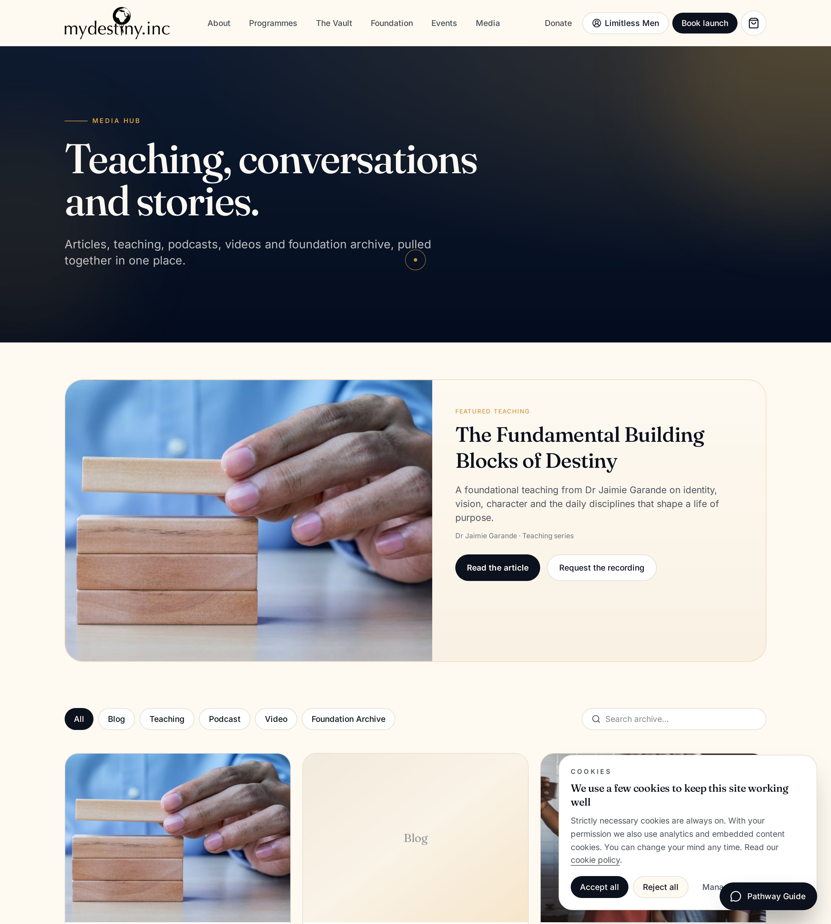 New Media Hub with filtered teaching, articles, podcasts and video sections
