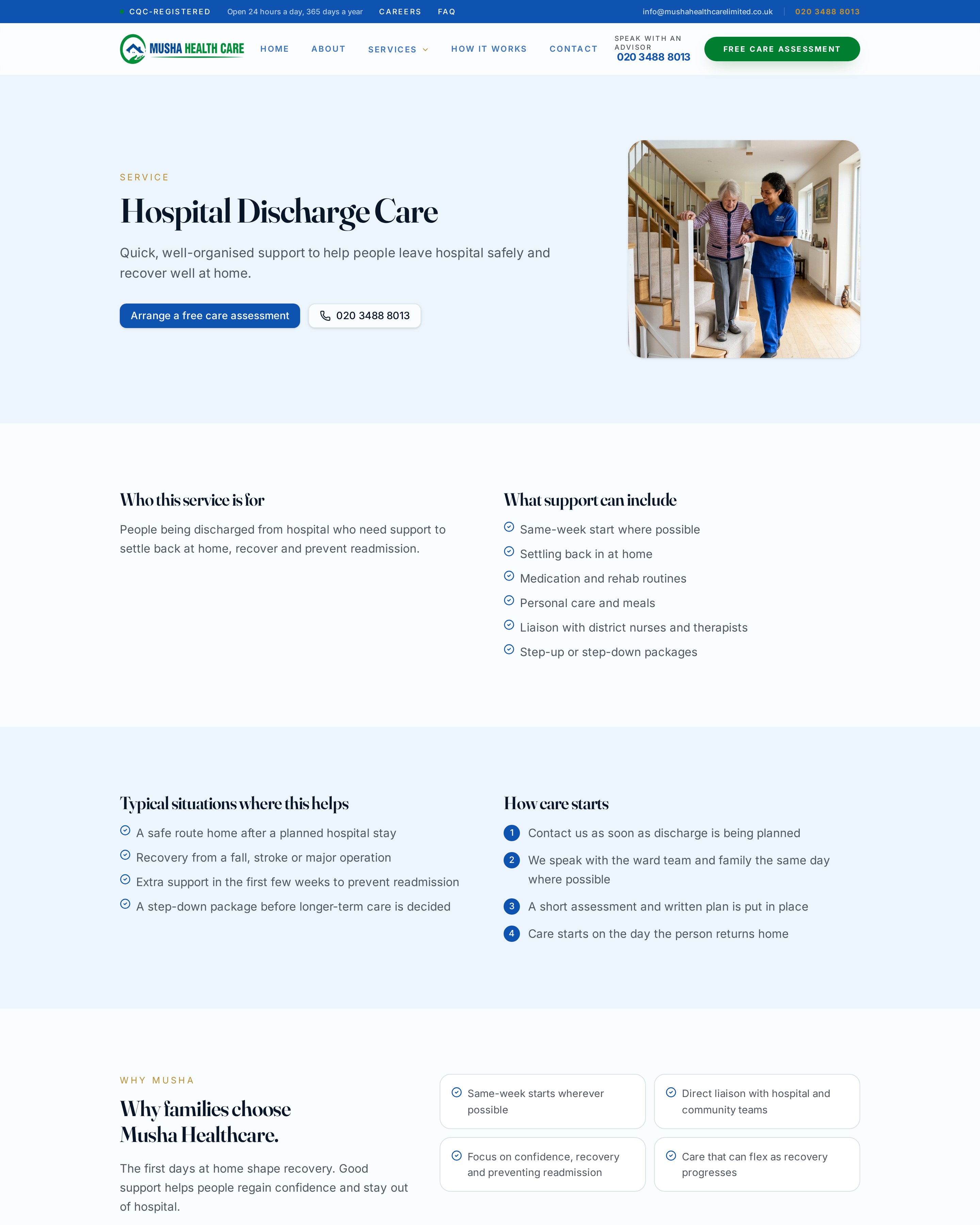 Hospital discharge care service page