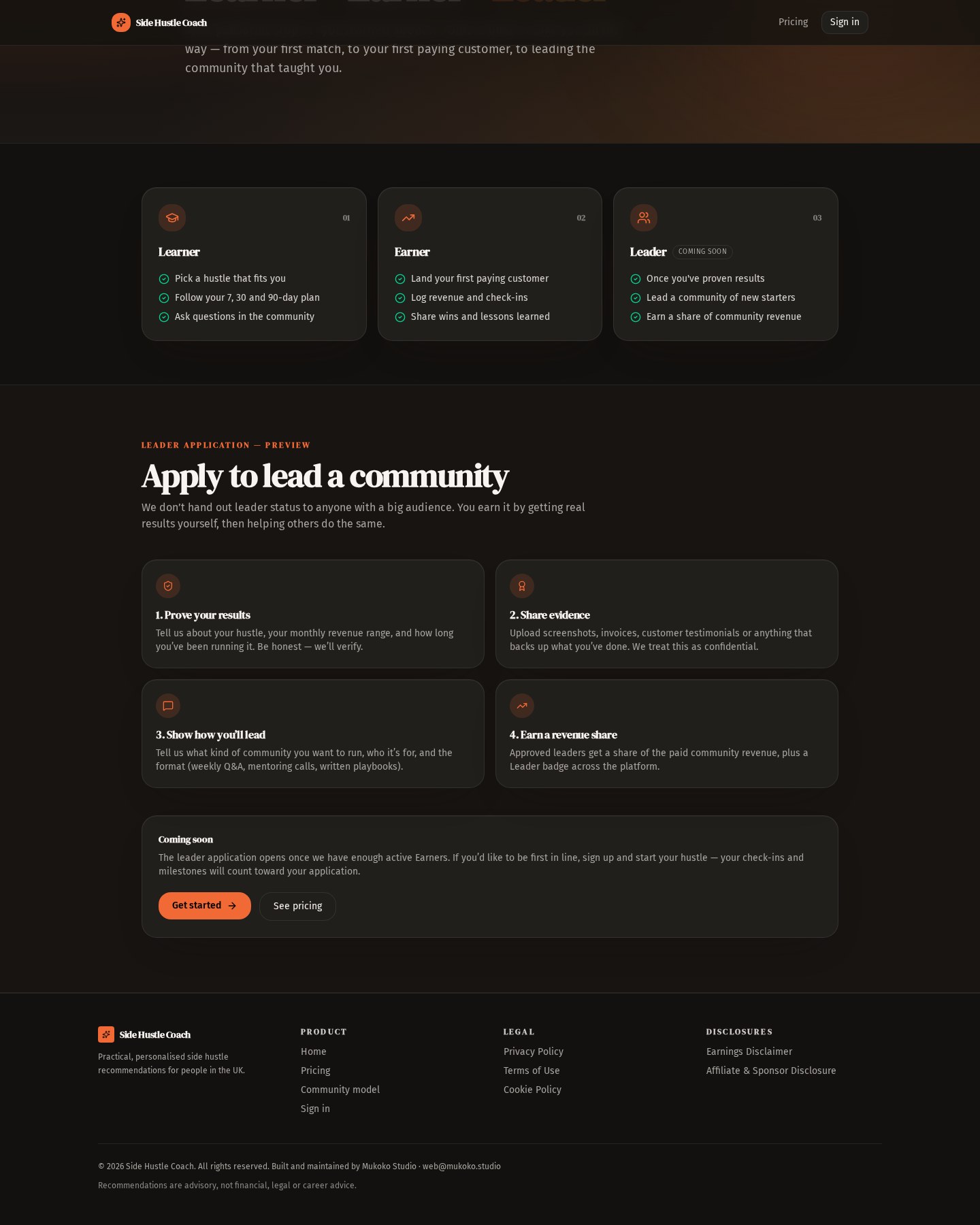 Side Hustle Coach community model page explaining the Learner, Earner, Leader path.