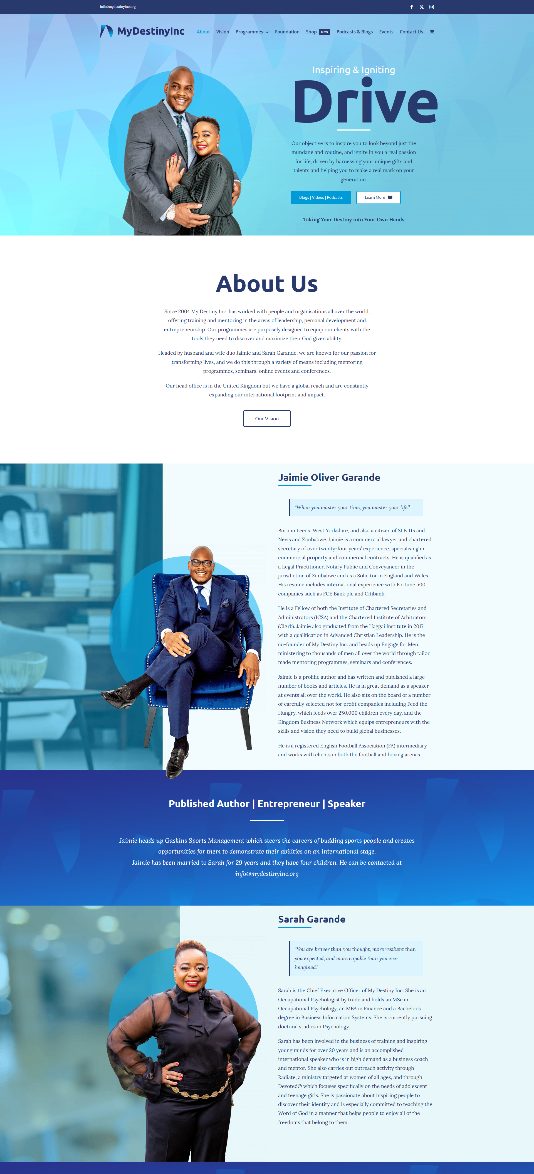Old MyDestiny Inc homepage with Inspiring and Igniting Drive hero