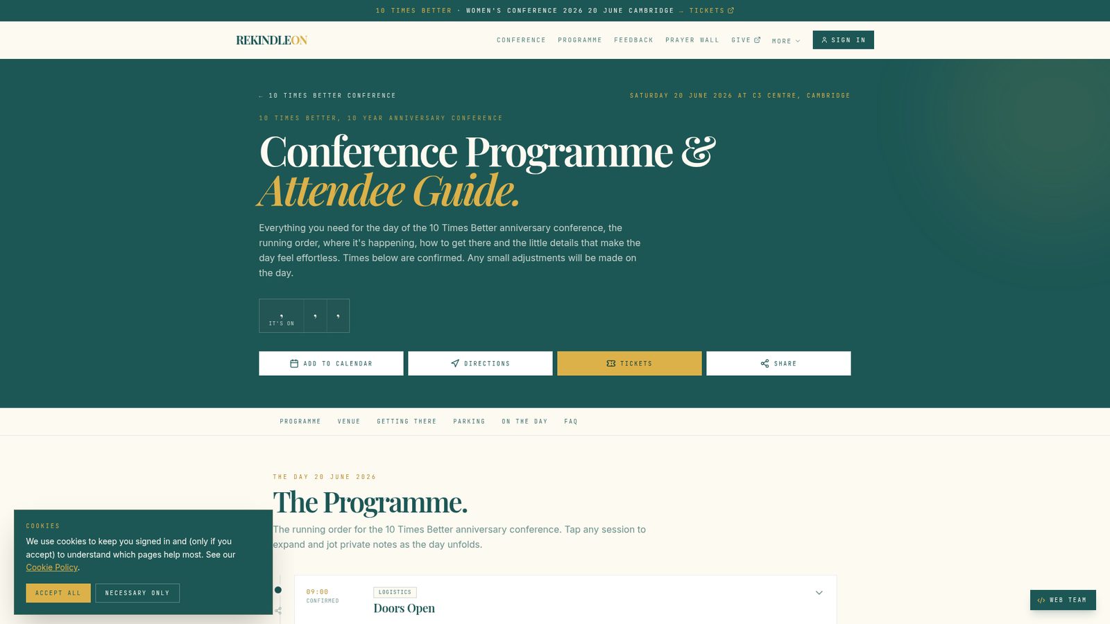 Rekindle ON conference programme and attendee guide with running order, directions and parking.