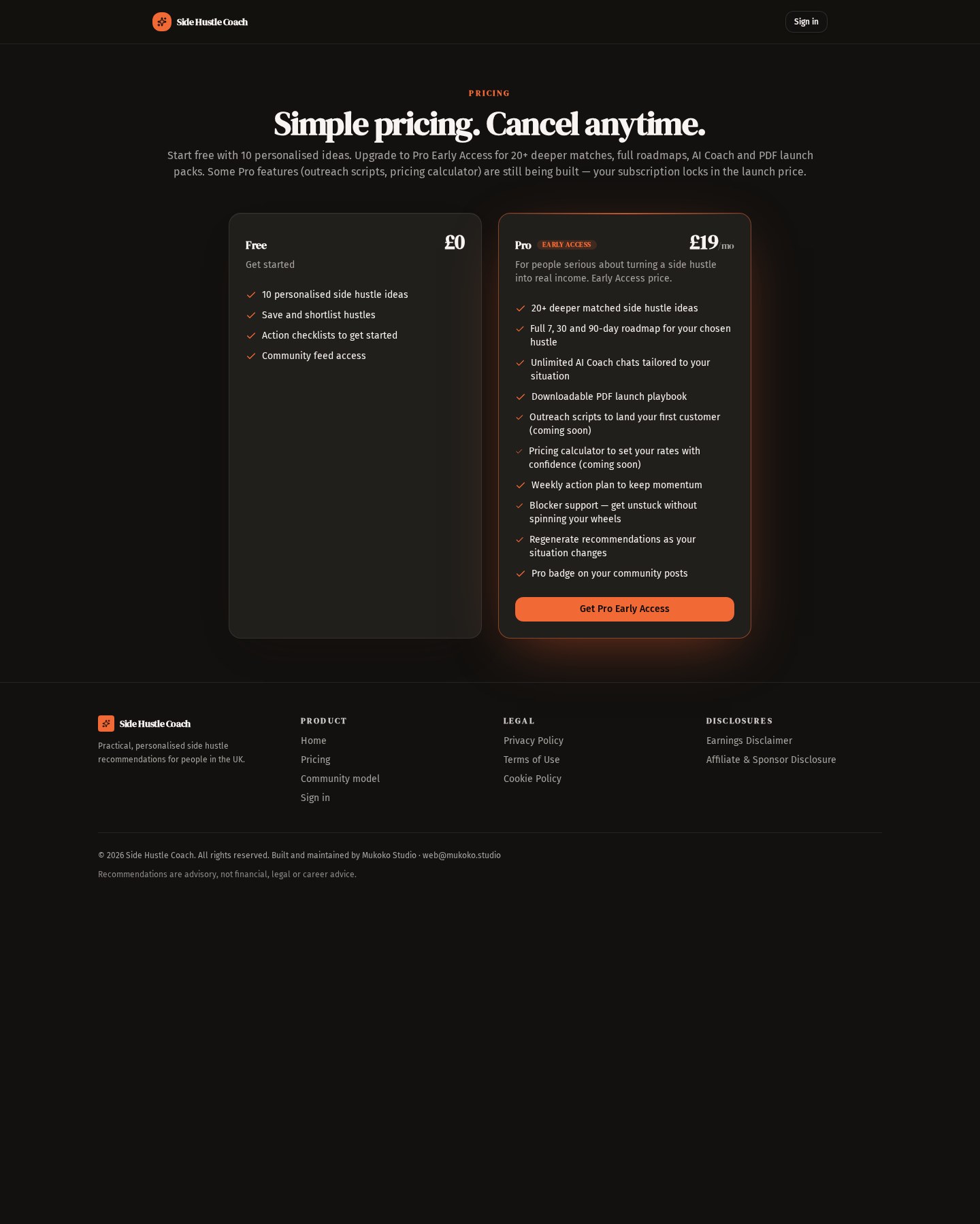 Side Hustle Coach in-app pricing page for Pro Early Access.
