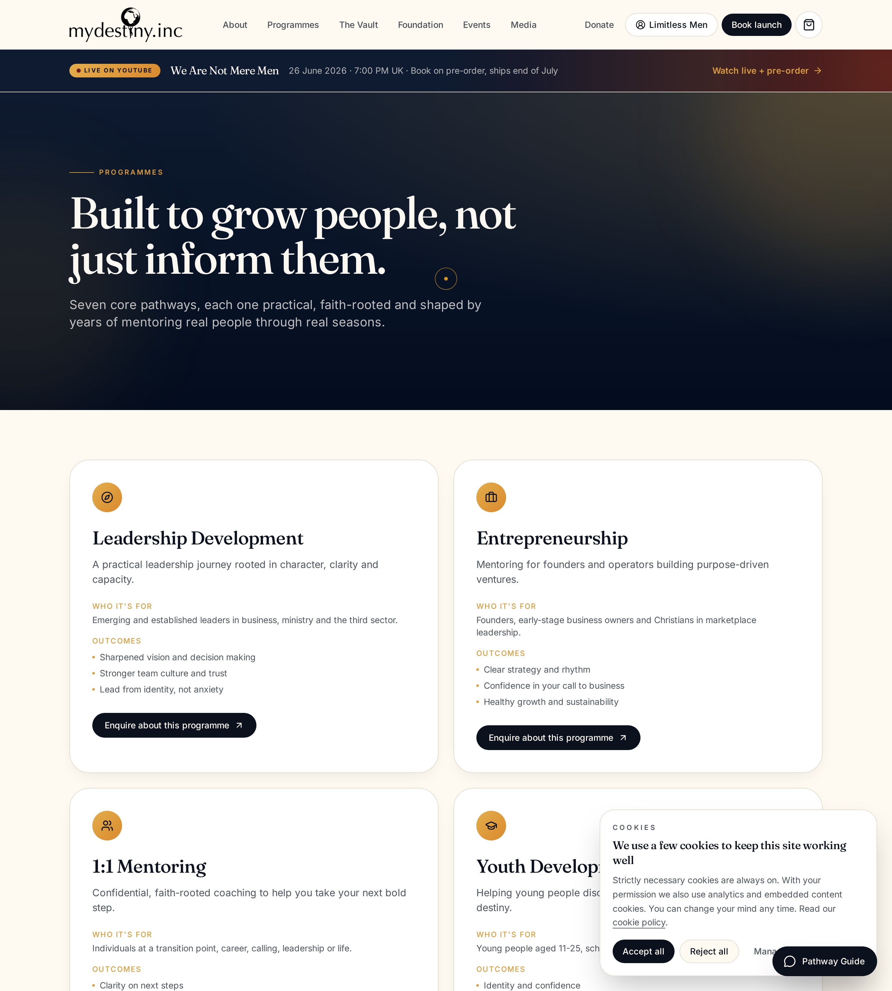 New Programmes page with Built to grow people, not just inform them and seven outcome-led pathways