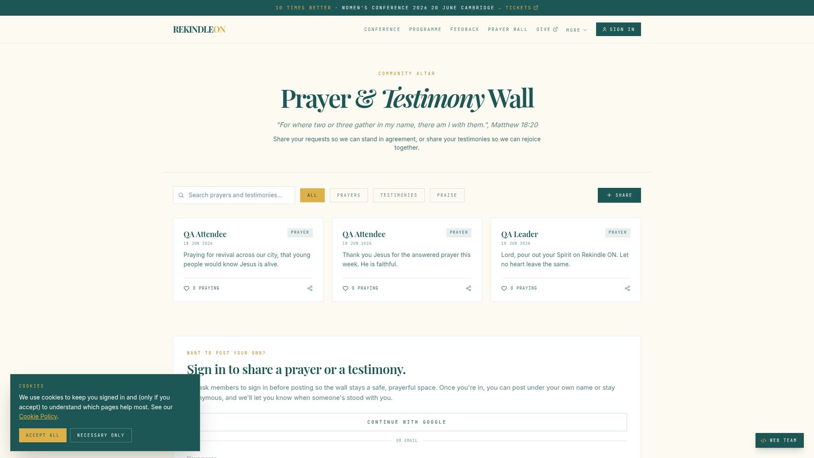 Rekindle ON live Prayer and Testimony Wall with member posts and filters.