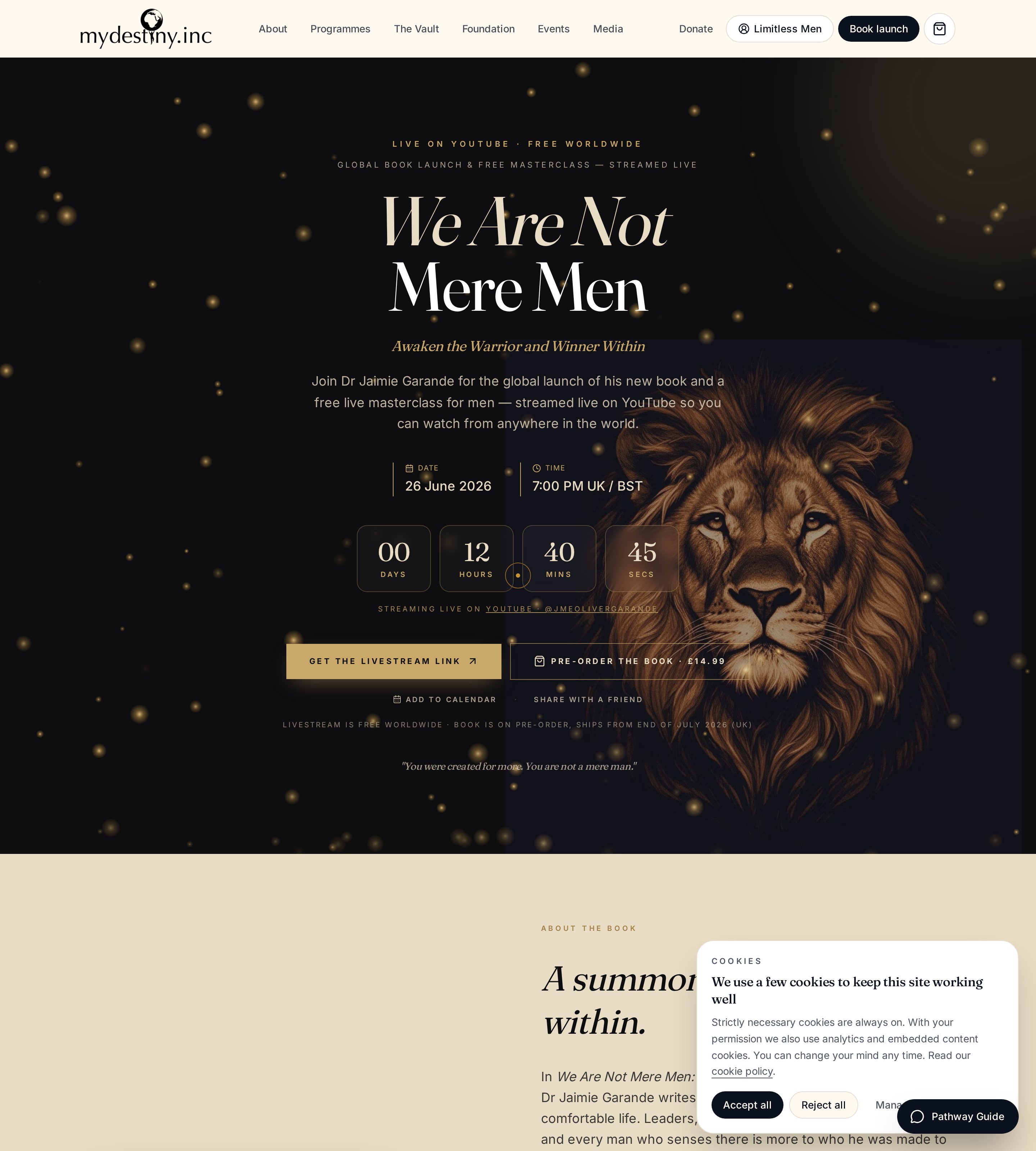 Live We Are Not Mere Men book launch page with lion artwork, countdown, agenda and group enquiry