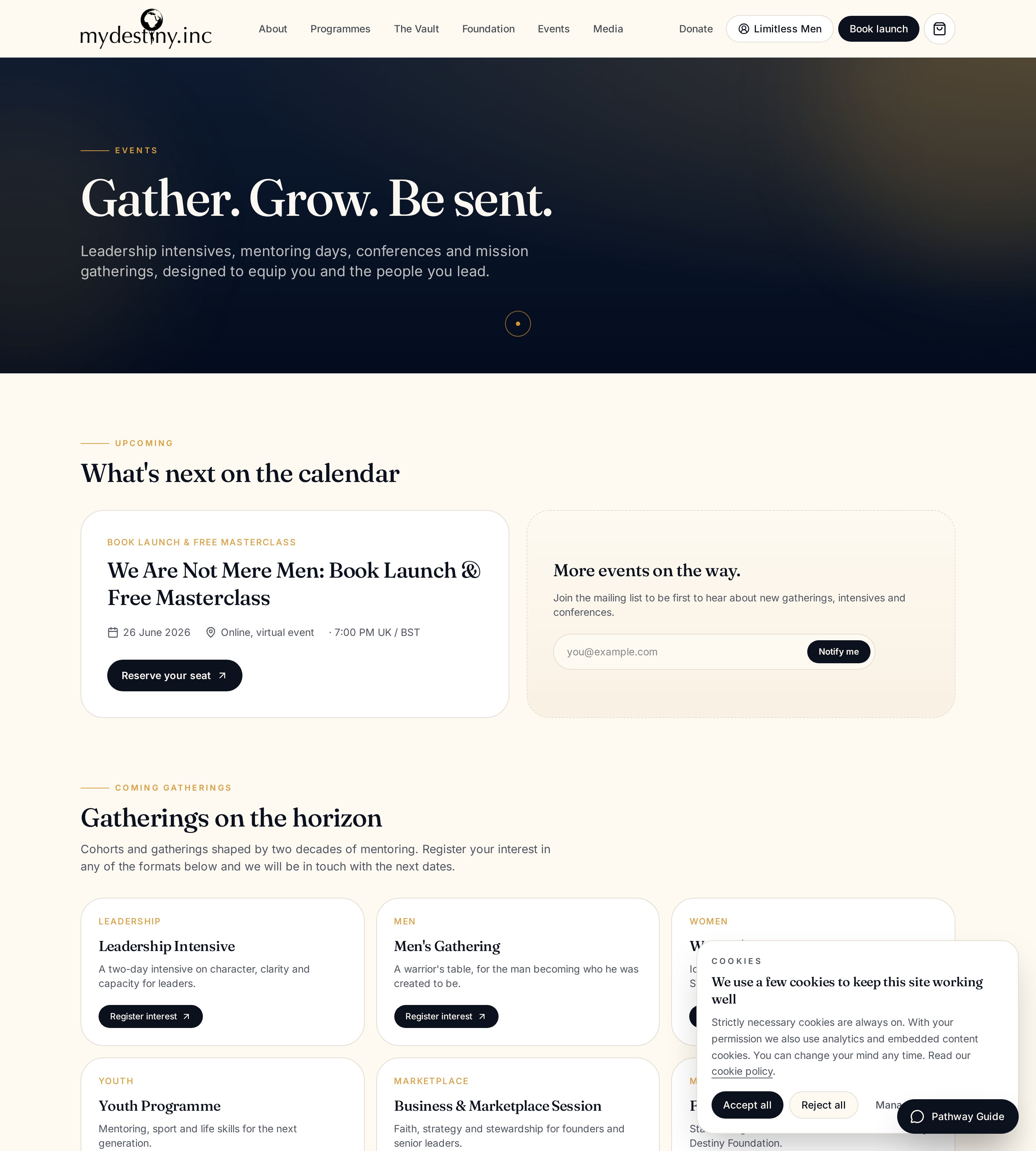 Live Events page with future gathering formats and host enquiry flow