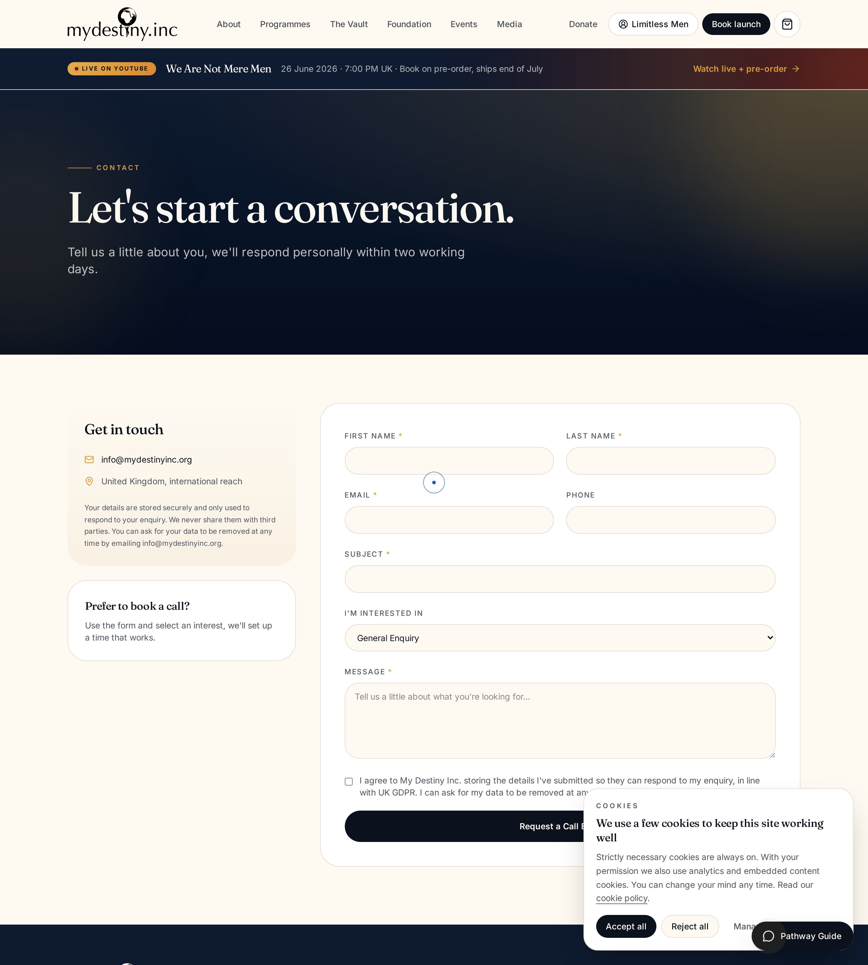 Live Contact page with enquiry form and direct routes for individuals, leaders and event hosts