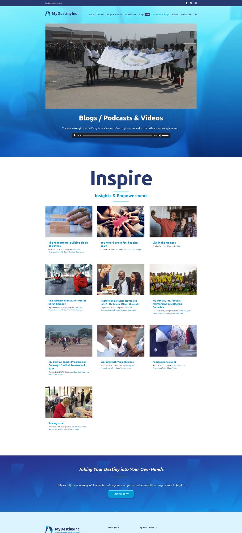 Old Podcasts and Blogs page with a single Inspire grid of thumbnails