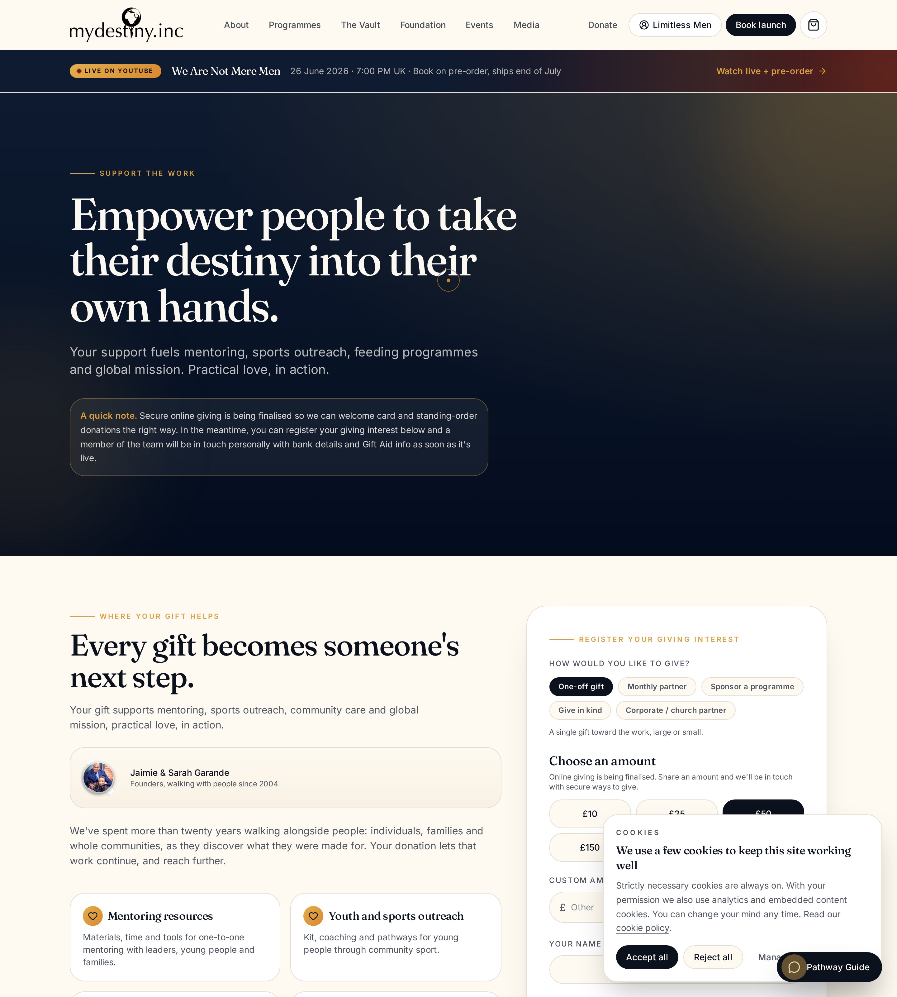 Live Donate page with suggested amounts, gift impact and donor trust copy