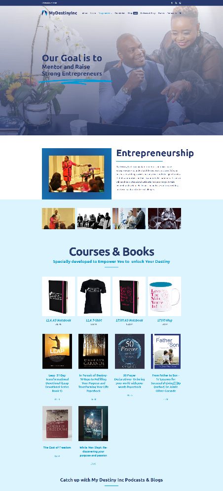 Old Entrepreneurship page dominated by a notebooks and T-shirts shop grid