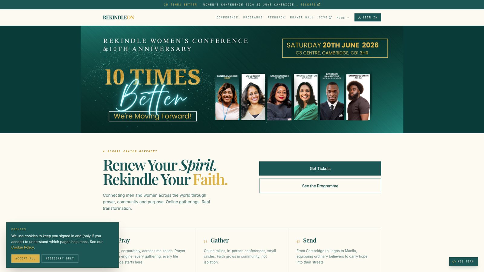Rekindle ON live homepage with 10 Times Better conference banner and Renew Your Spirit, Rekindle Your Faith hero.